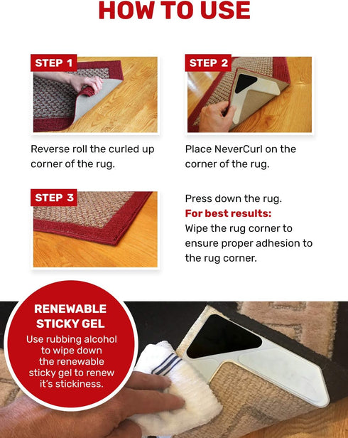 NeverCurl 8PK Rug Corner Grippers - Instantly Flattens Rug Corners Stop Rug Slipping, Stiff Layer Prevent Curling, Renewable Sticky Gel, Easy Lift...