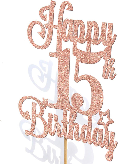 Happy 15th Birthday Cake Topper, Cheers to 15 Years, Hello 15, 15th Birthday Anniversary Party Decorations Rose Gold Glitter....