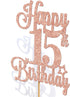 Happy 15th Birthday Cake Topper, Cheers to 15 Years, Hello 15, 15th Birthday Anniversary Party Decorations Rose Gold Glitter....