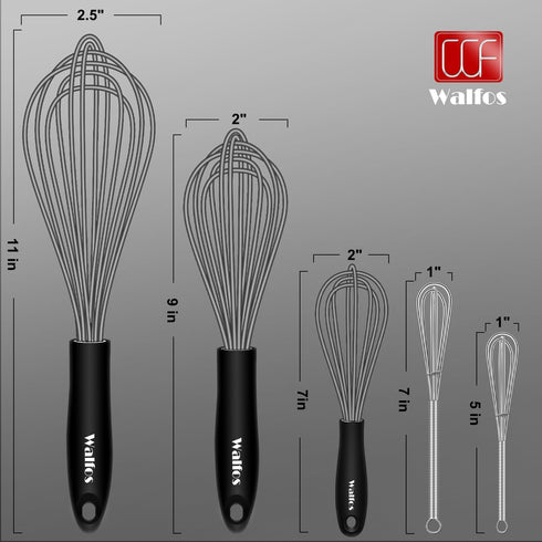 Walfos Whisk, Silicone Whisks Set of 5, Mini Stainless Steel Whisk 7in+5in and Non Scratch Coated 7+9+11in Whisks, Suitable for Blending, Whisking...