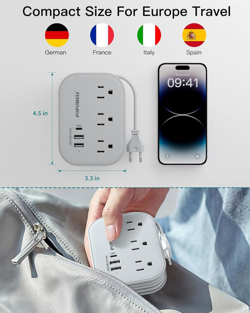 European Travel Plug Adapter USB C, Popowell International European Plug Adapter, 4 FT Travel Power Strip with 3 Outlets & 3 USB, Type C Power Ada...