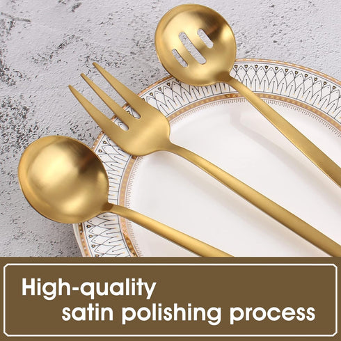 Matte Gold Serving Silverware Set, 5-Piece Round Shared Utensils Set of Stainless Steel, Hostess Flatware Serving Set, Satin Finish, Dishwasher Sa...