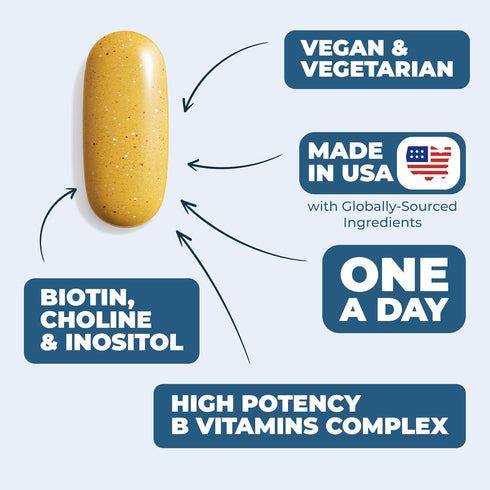 Vitamin B Complex with Vitamin B12, Niacin, Vitamin B2, Vitamin B6, Folic Acid 400mcg. B Complex Vitamins for Women & Men. Aids Mood, Energy, Nerv...