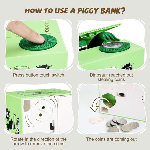 Dinosaurs Piggy Bank for Kids, Automatic Stealing Money Box with Music Sounds, Electronic Coin Bank Toys, Creative Birthday Gift for Aged 3 4 5 6 ...