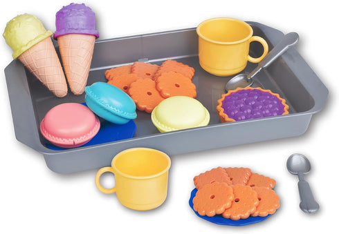 Toddler Food Toys Pretend Playset Colorful Dessert Playset with Realistic Cookies, Macarons, Pies, Cups, Ice Cream, Spoons and Large Tray for Boys...