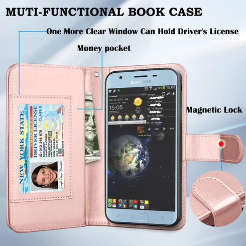 Takfox Galaxy J3 2018 Leather Wallet Case, Flip Folio with 9 Card Holder, Detachable Strap - Rose Gold...