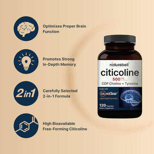 NatureBell Citicoline Supplements, CDP Choline, Citicoline 500mg Plus Tyrosine 50mg Per Serving, Optimized Dosage, 120 Capsules, 2 in 1 Formula, D...