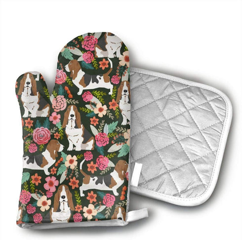 Basset Hound Florals Oven Mitts and Pot Holders, Heat Resistant Kitchen Bake Gloves Safe Mats 2 Pieces, Soft Cotton Lining with Non-Slip Surface f...