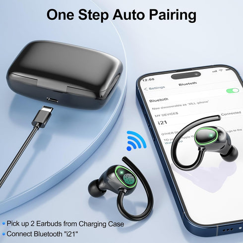 Bluetooth Wireless Headphones Earbuds 60hrs Playback Ear Buds IPX6 Waterproof Stereo Bass Over-Ear Earphones with Earhooks Microphone LED Battery ...
