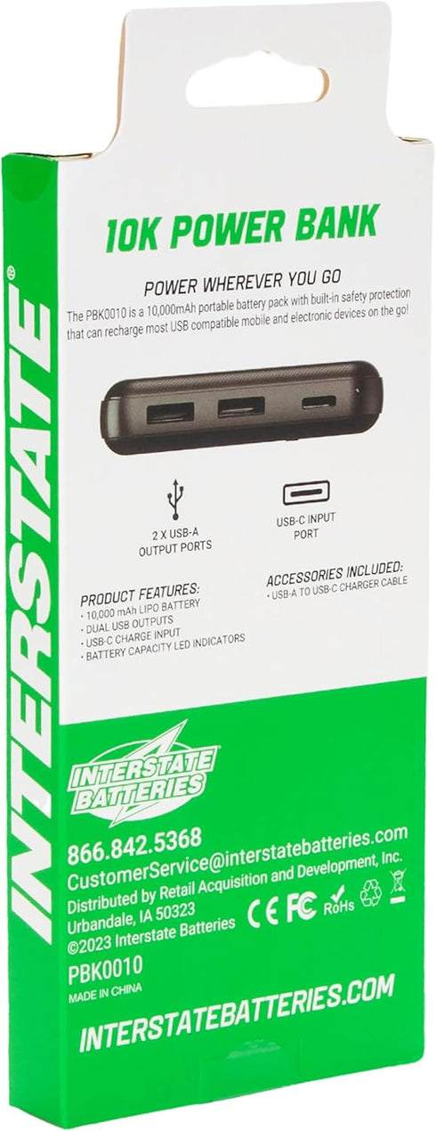 Interstate Batteries Power Bank Charger 10000mAh Portable Charge for Cell Phones, Electronics, Emergencies (5V, 10Ah) LED USB Power Battery Pack O...