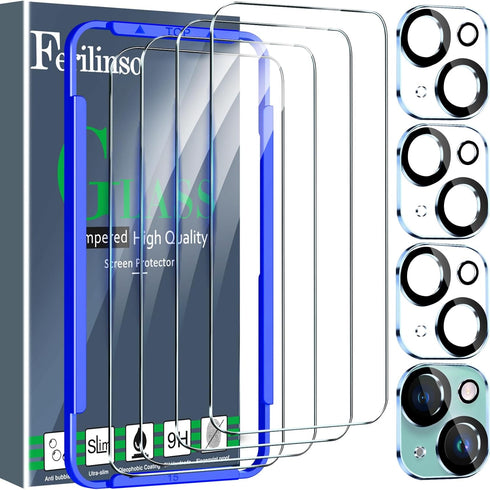 Ferilinso 4 Pack Screen Protector for iPhone 15 with 4 Pack Tempered Glass Camera Lens Protector Phone Case Friendly HD Accessories Protector de P...