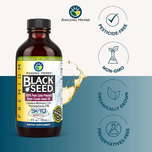 Amazing Herbs Premium Black Seed Oil - Cold Pressed Nigella Sativa Aids in Digestive Health, Immune Support, Brain Function, Joint Mobility, Glute...