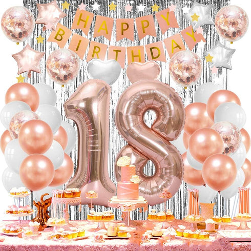 Happy 18th Birthday Decorations for Girls-Complete 18 Party Decor-Rose Gold 18th Birthday Balloons Kit with 40" Giant 18 Number Balloon...