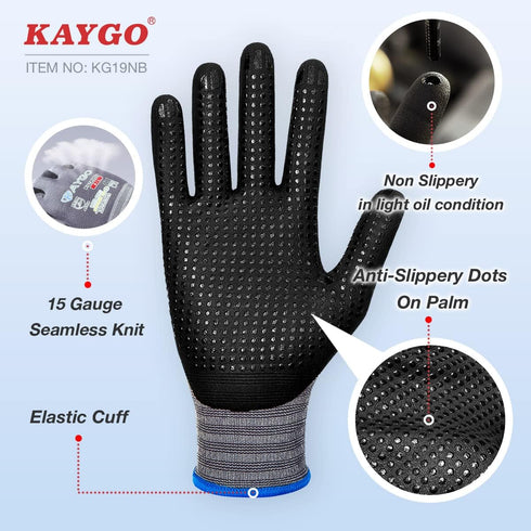 KAYGO Work Gloves MicroFoam Nitrile Coated KG19NB, Seamless Knit Nylon Safety Work Gloves with Micro Dots on palm, Ideal for General Purpose,Autom...