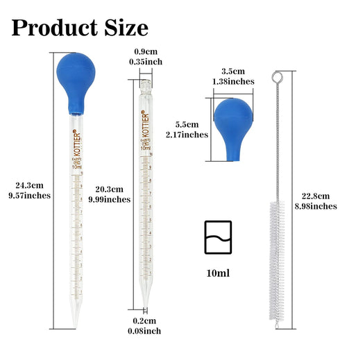 3Pcs Glass Pipettes Dropper, 10ml Graduated Liquid Dropper with Rubber Bulb and Cleaning Brush, Transfer Pipettes for Essential Oil...