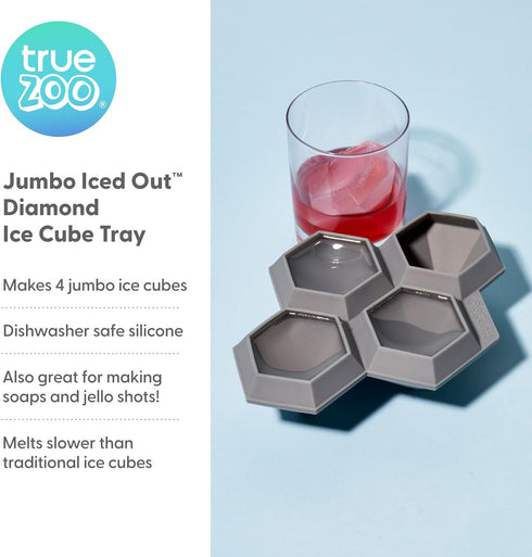 True Zoo Jumbo Iced Out Diamond Ice Tray, Silicone Mold and Ice Cube Tray for Cocktails, Makes 4 Ice Cubes, Grey, Set of 1...