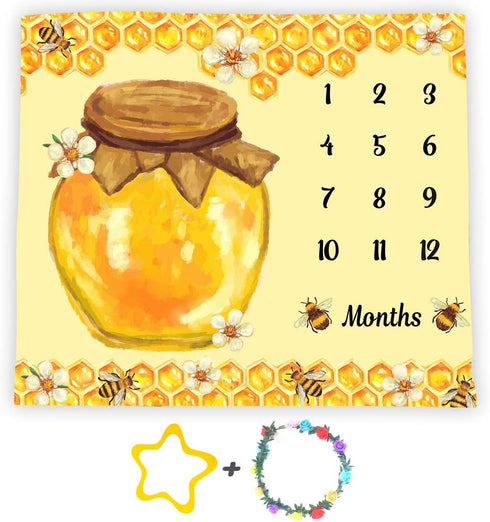Bees Theme Baby Monthly Milestone Blanket, 48x40in Soft Flannel, Honey Jar Backgrounds, Newborn Mom Gifts, Baby Shower Age Growth Tracker with Bon...