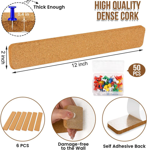 6 Pack Cork Board Strips, Thick Cork Boards for Walls, Cork Board Strips for Walls Self Adhesive with 50 Push Pins for Paste Notes, Photos, Schedu...