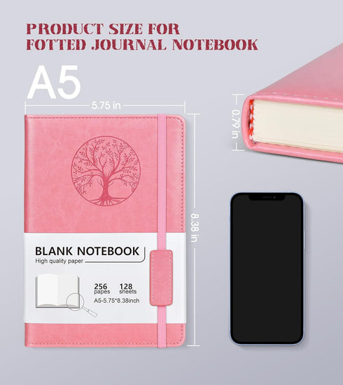 Blank Journal Notebook for Women Men, Pink A5 Unlined Journal for Writing Sketchbook, Hardcover Leather Unruled Jouranl Notebook for Work with 256...