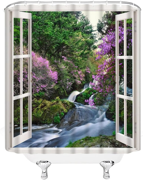 Waterfall Shower Curtain Nature Green Forest Pink Purple Floral Waterfall Landscape from White Window Bathroom Decor Fabric Curtain with Hooks, 88...