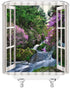 Waterfall Shower Curtain Nature Green Forest Pink Purple Floral Waterfall Landscape from White Window Bathroom Decor Fabric Curtain with Hooks, 88...