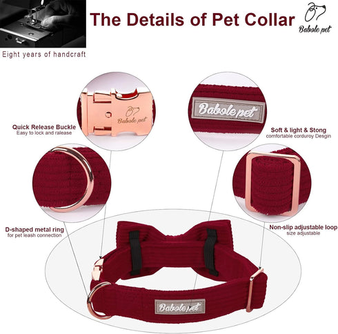 Wine Red Dog Collars for Small Dog,Cute Corduroy Dog Collar with Bow Tie Safety Metal Buckle Adjustable Puppy Collars for Small Medium Large Boy&G...