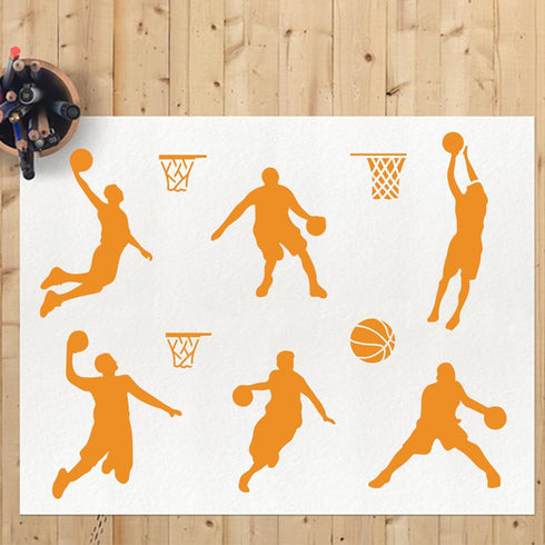 4pcs Basketball Player Stencils 7.8×7.8inch Basketball Stencils with Paint Brush Shooting Dribbling Basketball Theme Template Decor on Walls Fabri...