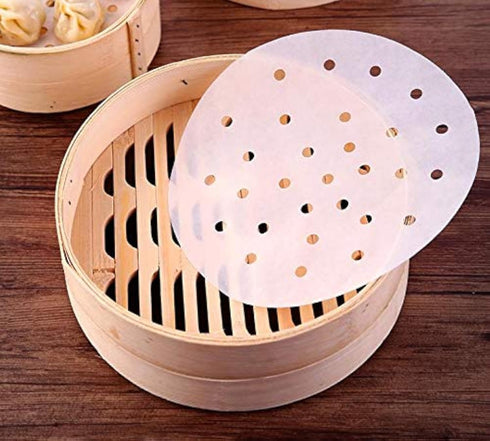 100pcs Air Fryer Liners, 10 inches Bamboo Steamer Liners, Premium Perforated Parchment Steaming Papers, Non-stick Steamer Mat Liner for Air Fryers...