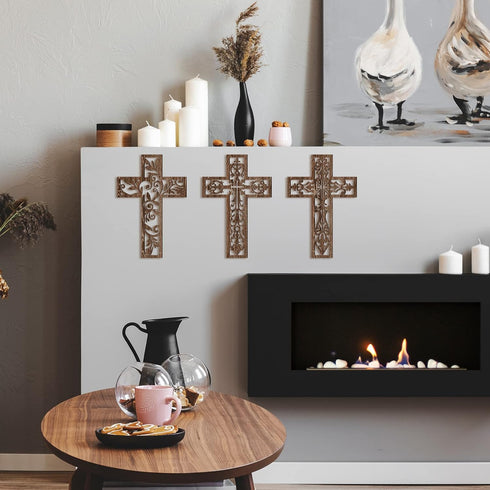 Yookeer 3 Pcs Wooden Cross Wall Decor Cross Hanging Handmade Antique Religious Brown Wooden Home Decorations Hand Carved Wall Decor for Living Roo...