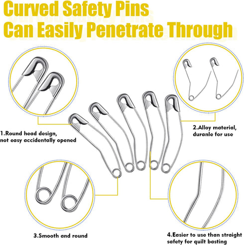 200 Pcs Curved Safety Pins Quilting Basting Pin Bent Safety Pins for Quick Basting Knitting and Quilting, Silver (2 Inch)...