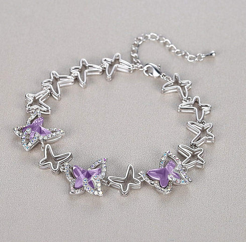 Butterfly Link Charm Bracelet with Premium Birthstone Crystal, Silver-Tone, 7”+2” Chain...