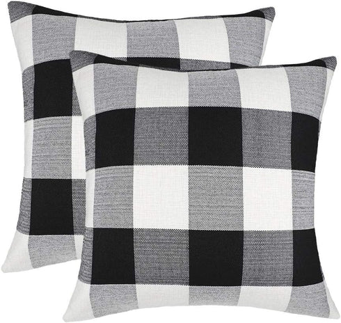 4TH Emotion Set of 2 Farmhouse Buffalo Check Plaid Throw Pillow Covers Cushion Case Polyester Linen for Fall Home Decor Black and White, 20 x 20 I...
