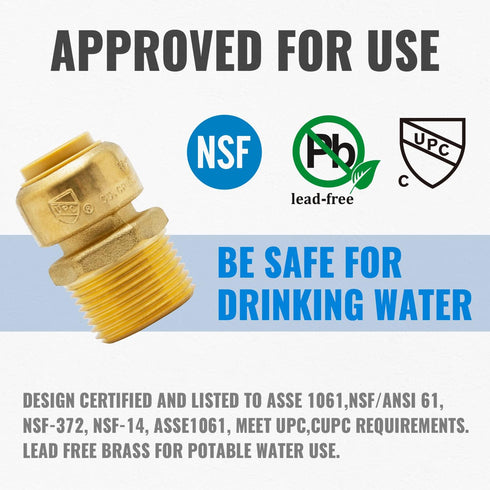 SUNGATOR 1/2 Inch x 3/4 Inch MNPT Adapter, No Lead Brass Push-to-Connect Plumbing Fittings to Connect PEX, Copper, CPVC, With A Disconnect Clip an...