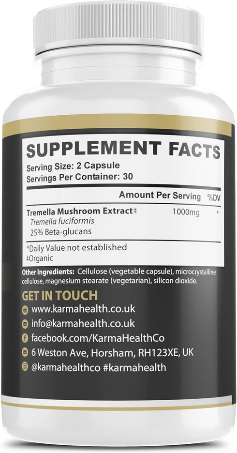 Tremella Mushroom Extract Supplement - Organic Skin Supplement - Compressed Snow Mushroom Powder Capsules - 25% Beta Glucan Content, Vegan & GMO F...