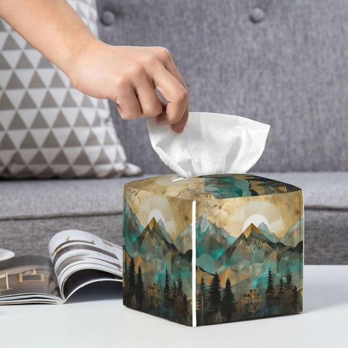 Square Tissue Boxes(5.2"x5.2"x5.2"), Mountains Trees Landscape Sunrise Tissue Holder Decor for Vanity Countertop/Home/Car/Office...