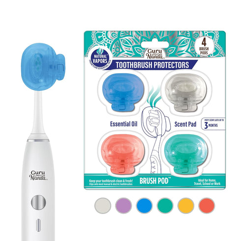 GuruNanda Brush Pods (4 Pack) - Toothbrush Head Cover for Manual & Electric Brushes - Clip-On Plastic Toothbrush Protector with Natural Essential ...