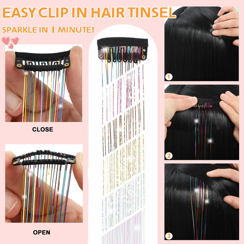 12Pcs Hair Tinsel Clip in 23.6Inch Clip in Hair Tinsel Pink Glitter Tinsel Hair Extensions Heat Resistant Tinsel Hair Kit Clip in Sparkling Fairy ...