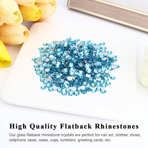 1440PCS SS16 Crystal Glass Flatback Rhinestones, Round Flat Back Crystal Gems for Nail Art and Craft Clothes, Glue Fix Diamond Stones Aquamarine/L...