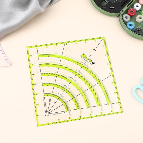 8 Inch Acrylic Fabric Ruler, Dual Purpose Measuring Arc Guide Cutting Square Ruler, Multifunctional Arcs Stripology Ruler for Quilting, Sewing, Cr...