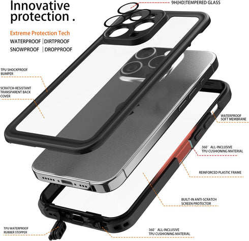 inkolelo Compatible with iPhone 15 Pro Waterproof Case, Built-in Screen Full-Body Protector with Floating Strap IP68 Waterproof Case- Matte Black/...