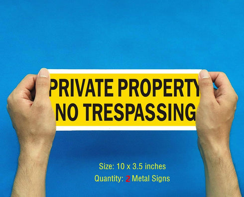 No Trespassing Private Property Sign Aluminum Metal for House Business Fence Simple Design (2 Pack, 10 x 3.5 inches)...
