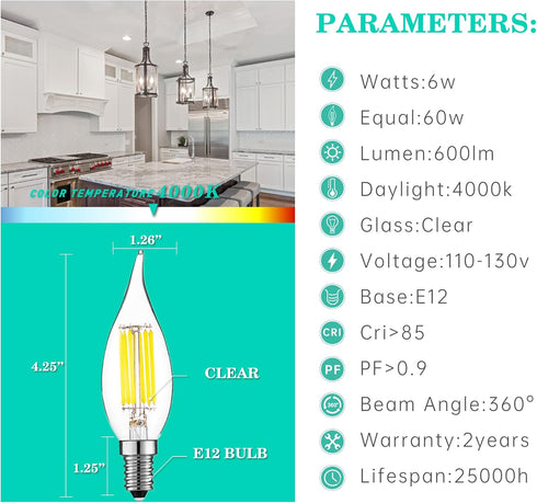 AMDTU 4000k LED Chandelier Light Bulbs,Dimmable E12 Daylight White,6w 60Watt Equivalent for Dining Room,Kitchen 6pack,LED Candelabra Light Bulbs...