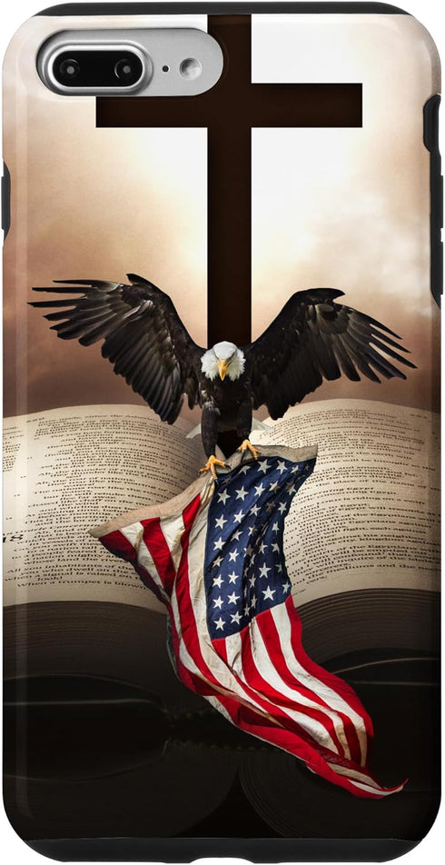 iPhone 7 Plus/8 Plus Pretty Christian Cross Bible A Bald Eagle Grip American Flag Case...