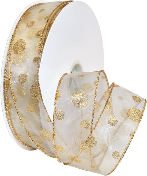 Morex Ribbon Wired Nylon Glitter Dots Ribbon, 1-1/2" x 50 yd, Ivory/Gold...