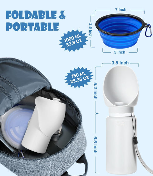 Dog Water Bottle Portable, 25oz/750ml Travel Dog Water Bottle with Collapsible Dog Bowls Large, Lightweight & Leak Proof Silicone Dog Drinking Wat...