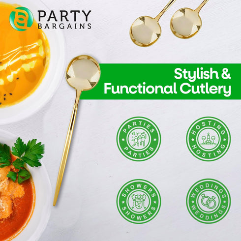 Party Bargains Disposable Plastic Flatware Soup Spoon Utensils, 32 Pack, Gold, Novelty Modern Design Kitchen Silverware Cutlery, Excellent Use for...