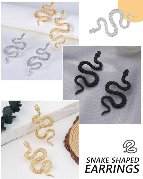 3 Pairs Snake Earrings Set Gold Sliver Black Punk Gothic Snake Earrings Long Dangle Serpent Earrings Curved Snake Shaped Ear Studs Snake Accessori...