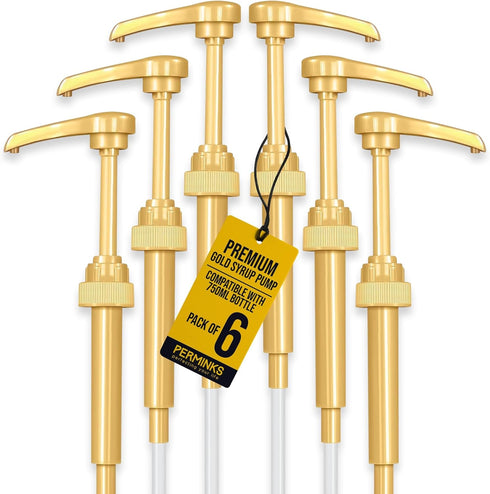 6 pack Coffee Syrup Pump Dispenser (Gold) - Compatible with Torani, Davinci and Skinny Syrup Bottles (750 ml 25.4 oz Bottles)...