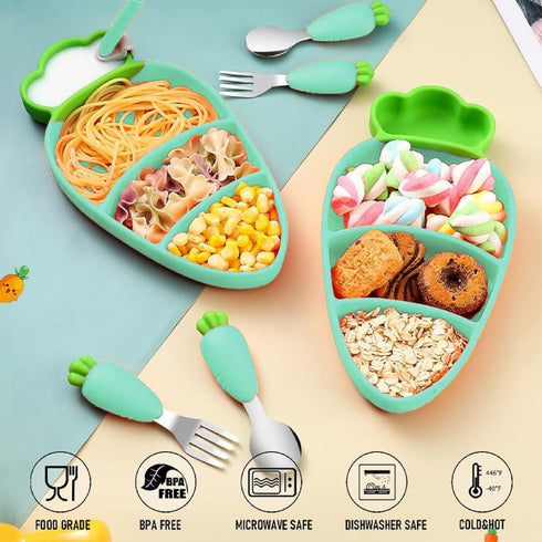 Toddler Plates with Suction, Silicone Suction Plates for Baby, Cute Carrot Divided Plates and Utensils Set, Non Slip, BPA Free, Feeding Set for 1-...