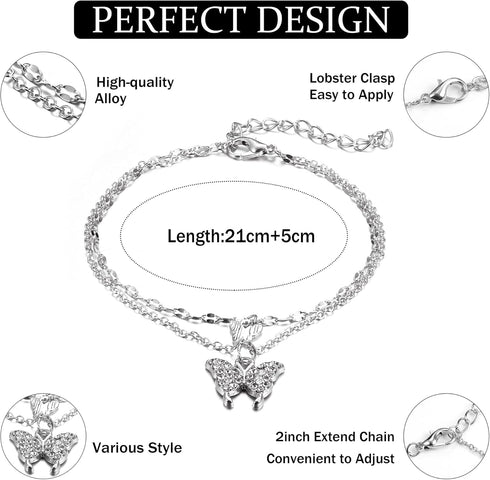 ORAZIO 21 Pcs Ankle Bracelets for Women Silver Gold Plated Anklets Bracelets Boho Adjustable Anklet Heart Infinite Link Chain Layered Anklet Foot ...